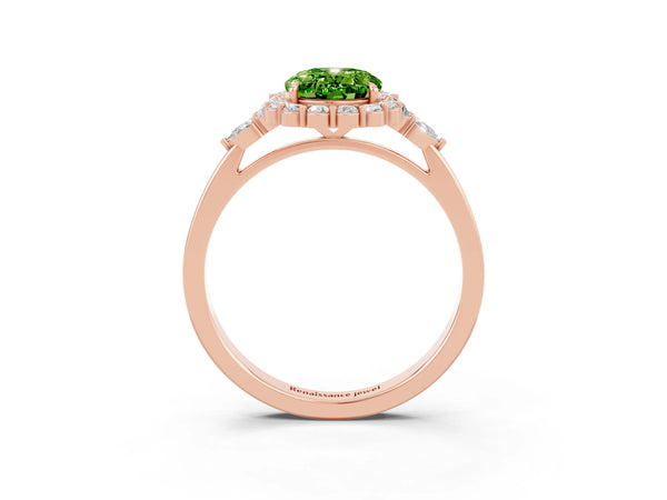 Rose gold Oval Cut Peridot Halo Ring with Pear Side Stones and Prong Setting