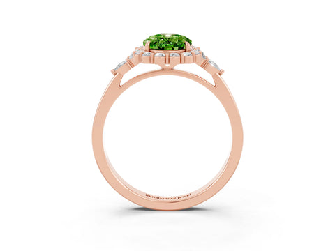 Rose gold Oval Cut Peridot Halo Ring with Pear Side Stones and Prong Setting_15