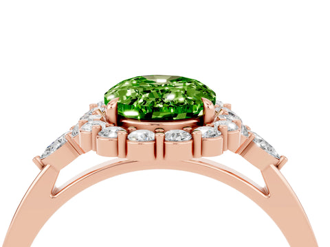 Rose gold Oval Cut Peridot Halo Ring with Pear Side Stones and Prong Setting_16