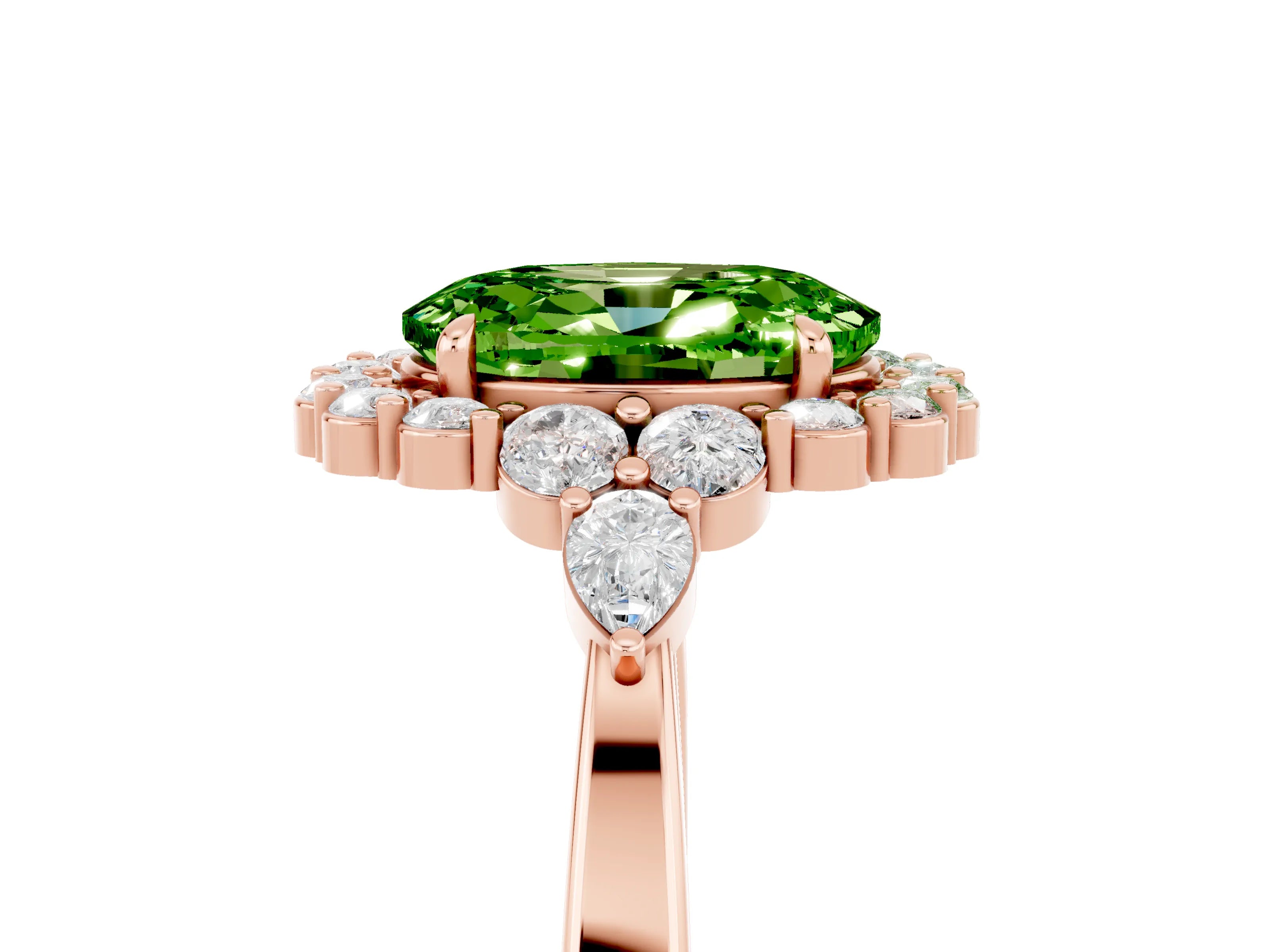 Rose gold Oval Cut Peridot Halo Ring with Pear Side Stones and Prong Setting_17