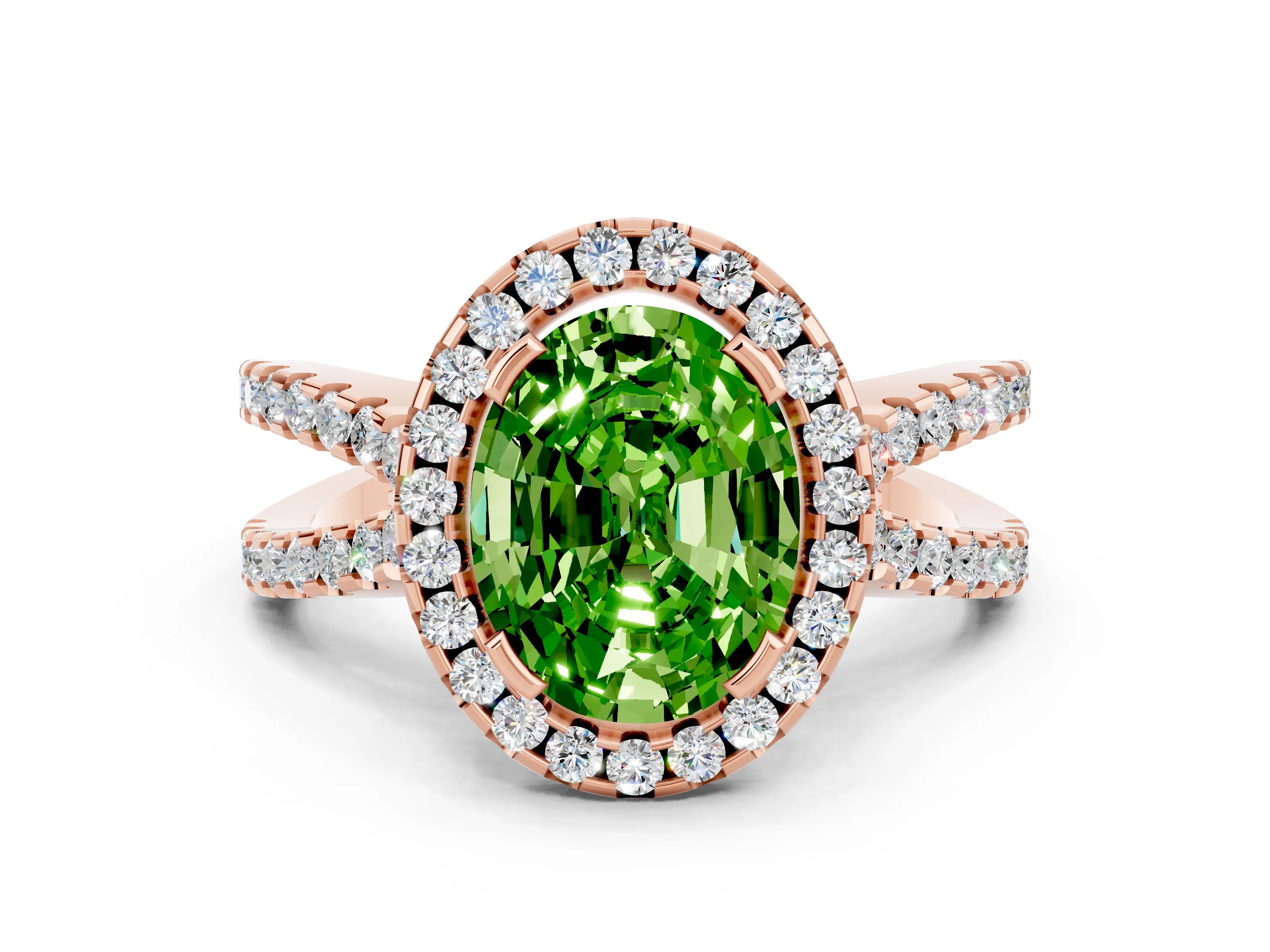 Rose gold Oval Cut Peridot Halo Ring with Split Shank Pavé Band and Prong Setting