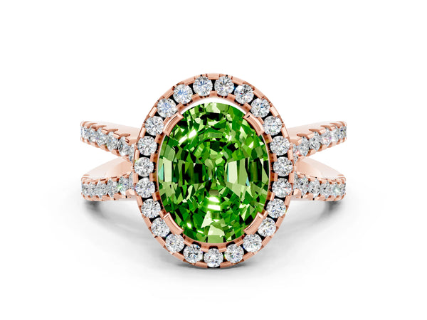 Rose gold Oval Cut Peridot Halo Ring with Split Shank Pavé Band and Prong Setting