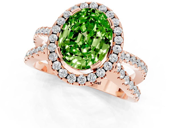 Rose gold Oval Cut Peridot Halo Ring with Split Shank Pavé Band and Prong Setting