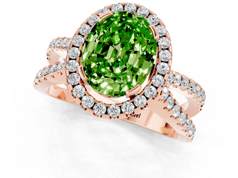 Rose gold Oval Cut Peridot Halo Ring with Split Shank Pavé Band and Prong Setting_1