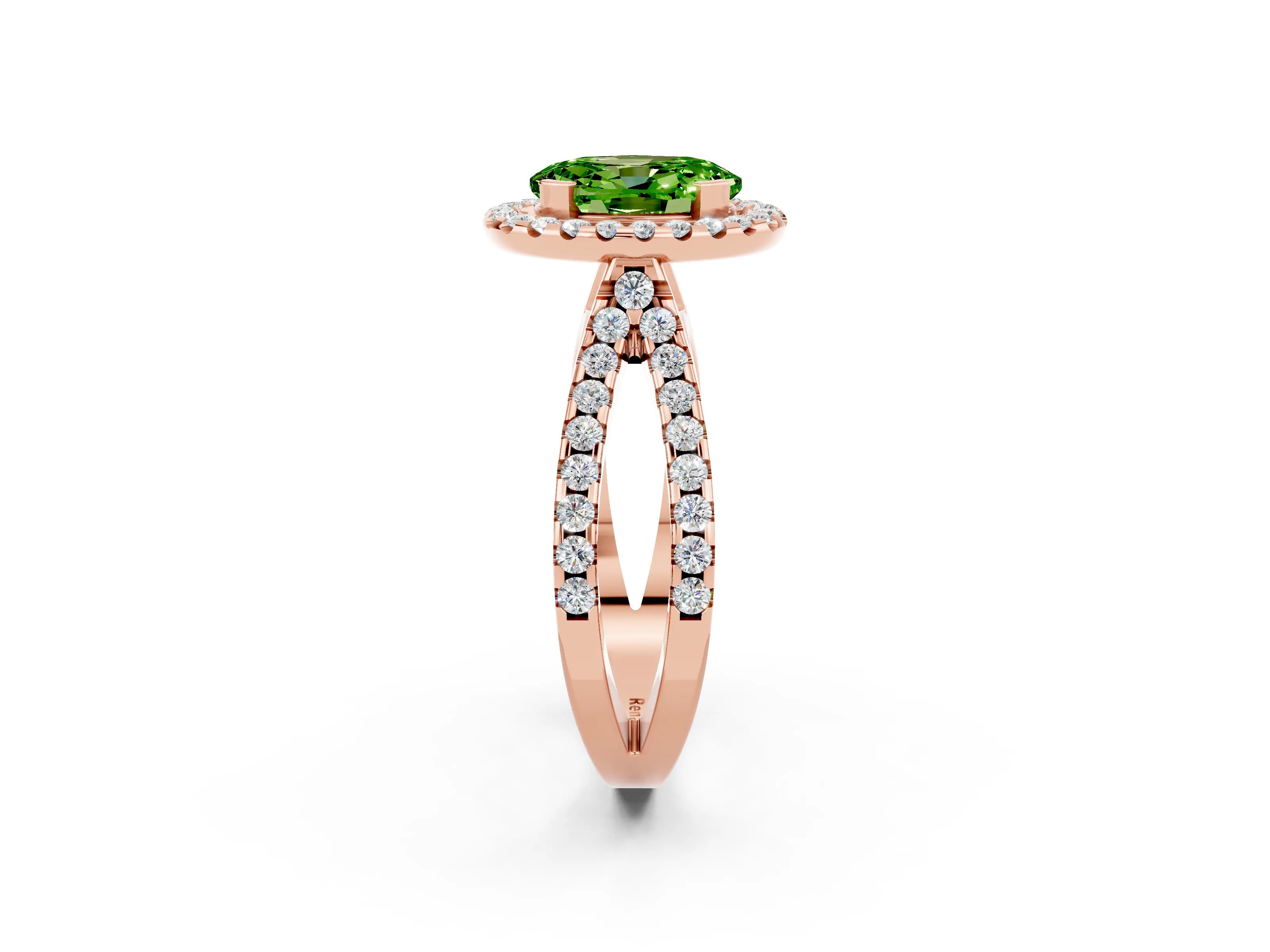Rose gold Oval Cut Peridot Halo Ring with Split Shank Pavé Band and Prong Setting_2