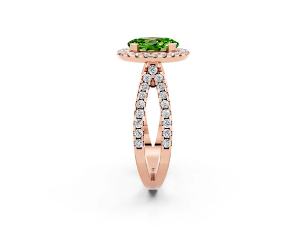 Rose gold Oval Cut Peridot Halo Ring with Split Shank Pavé Band and Prong Setting
