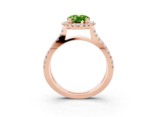 Rose gold Oval Cut Peridot Halo Ring with Split Shank Pavé Band and Prong Setting