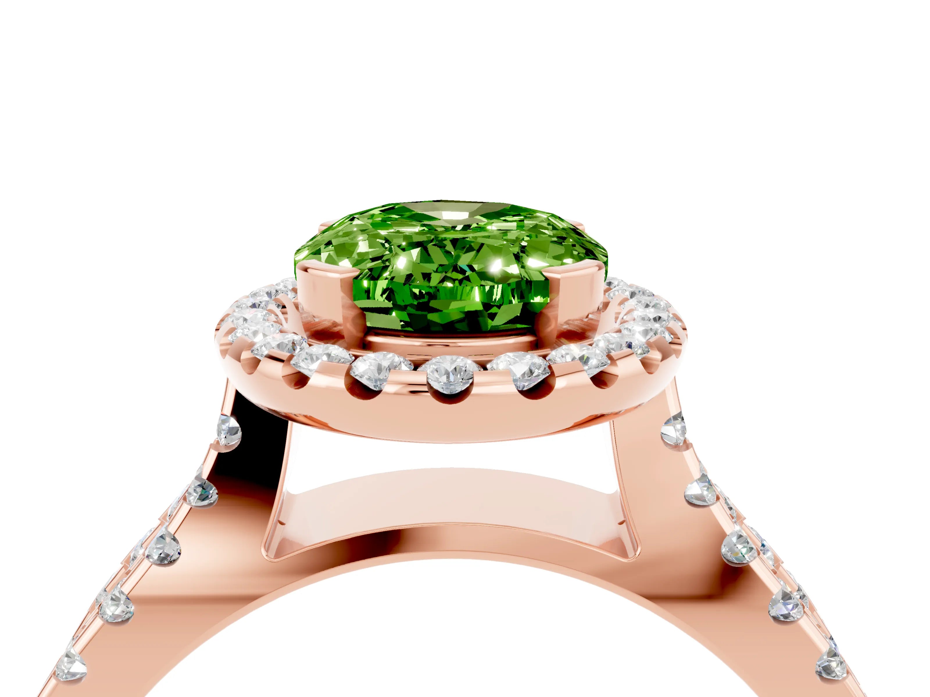 Rose gold Oval Cut Peridot Halo Ring with Split Shank Pavé Band and Prong Setting_4