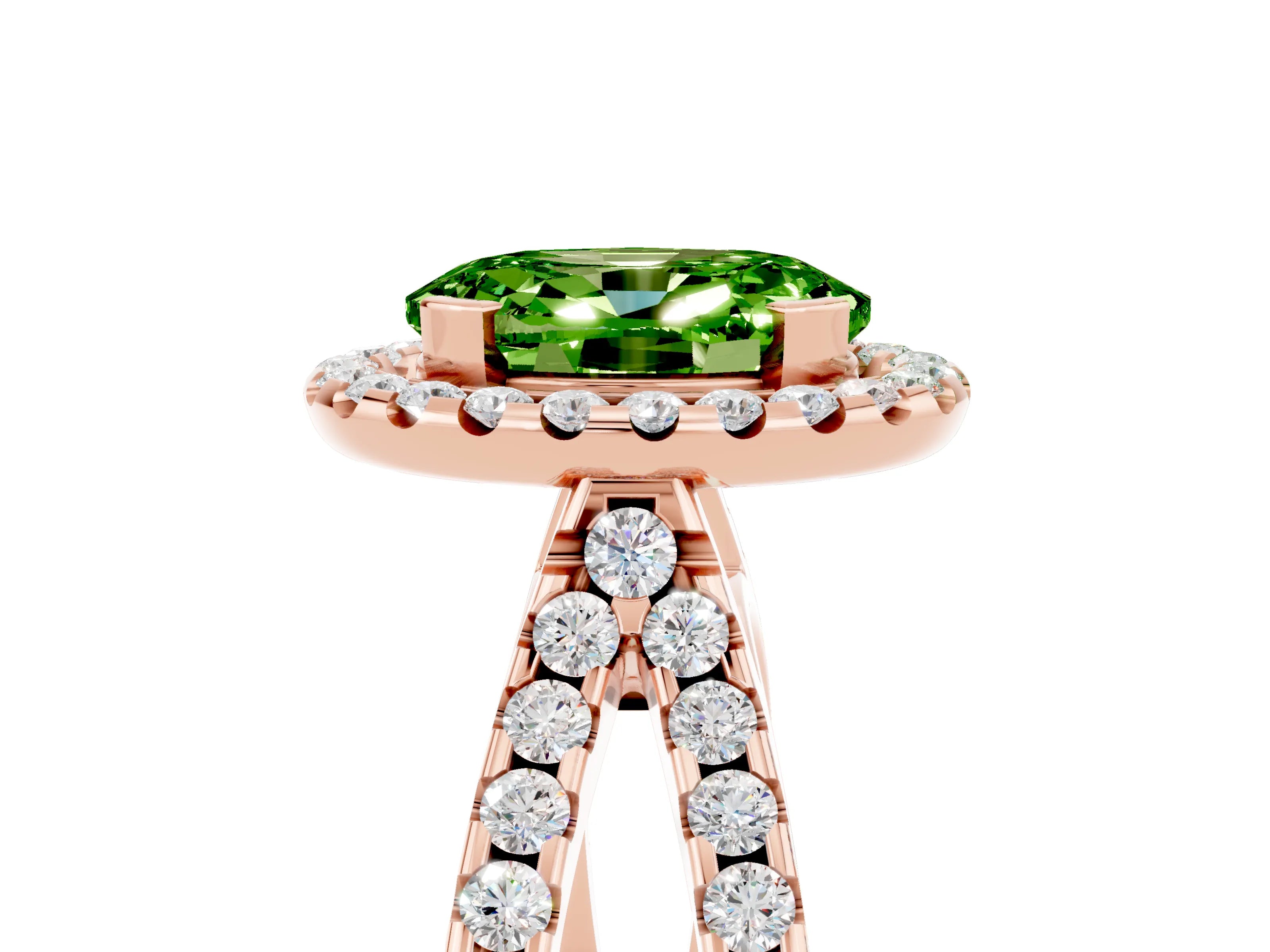 Rose gold Oval Cut Peridot Halo Ring with Split Shank Pavé Band and Prong Setting_5