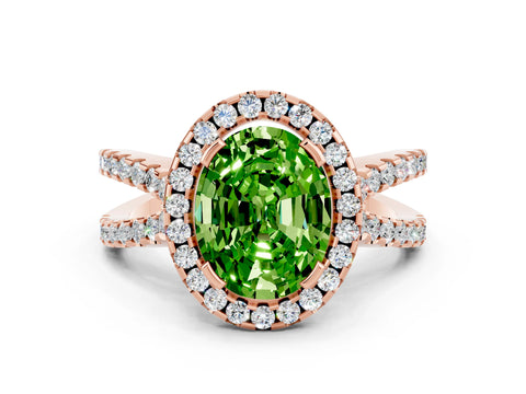 Rose gold Oval Cut Peridot Halo Ring with Split Shank Pavé Band and Prong Setting