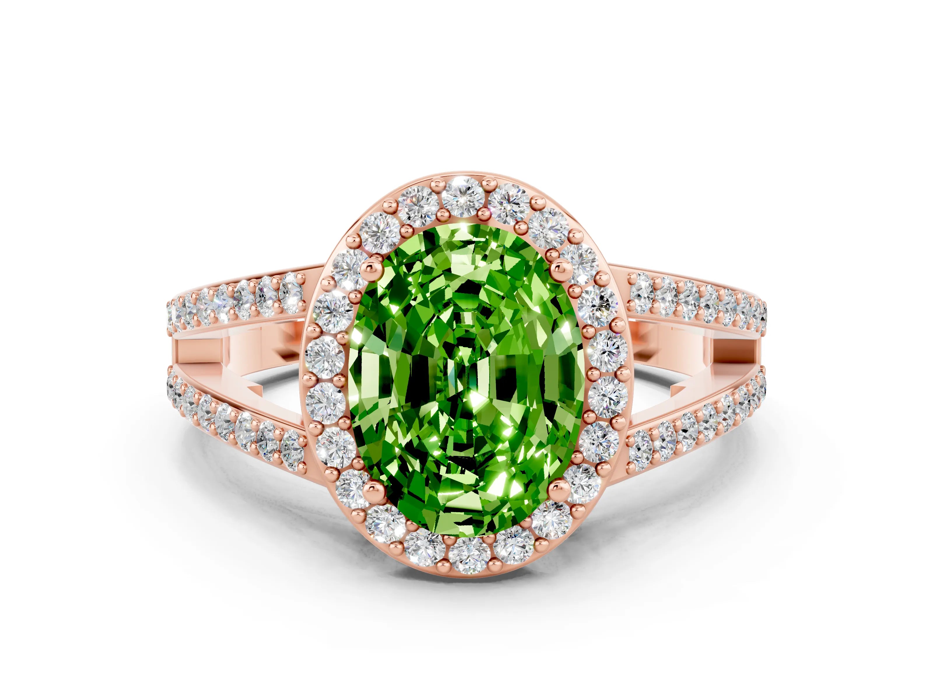 Rose gold Oval Cut Peridot Halo Ring with Split Shank U-Prong Band and Four-Prong Setting