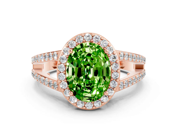 Rose gold Oval Cut Peridot Halo Ring with Split Shank U-Prong Band and Four-Prong Setting