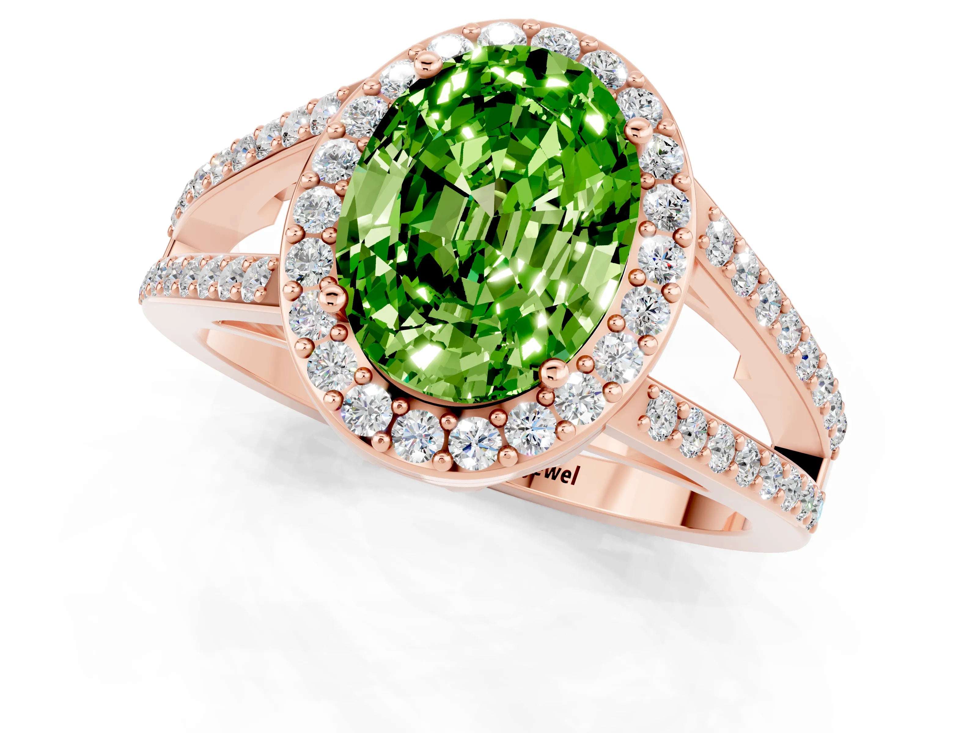 Rose gold Oval Cut Peridot Halo Ring with Split Shank U-Prong Band and Four-Prong Setting_1