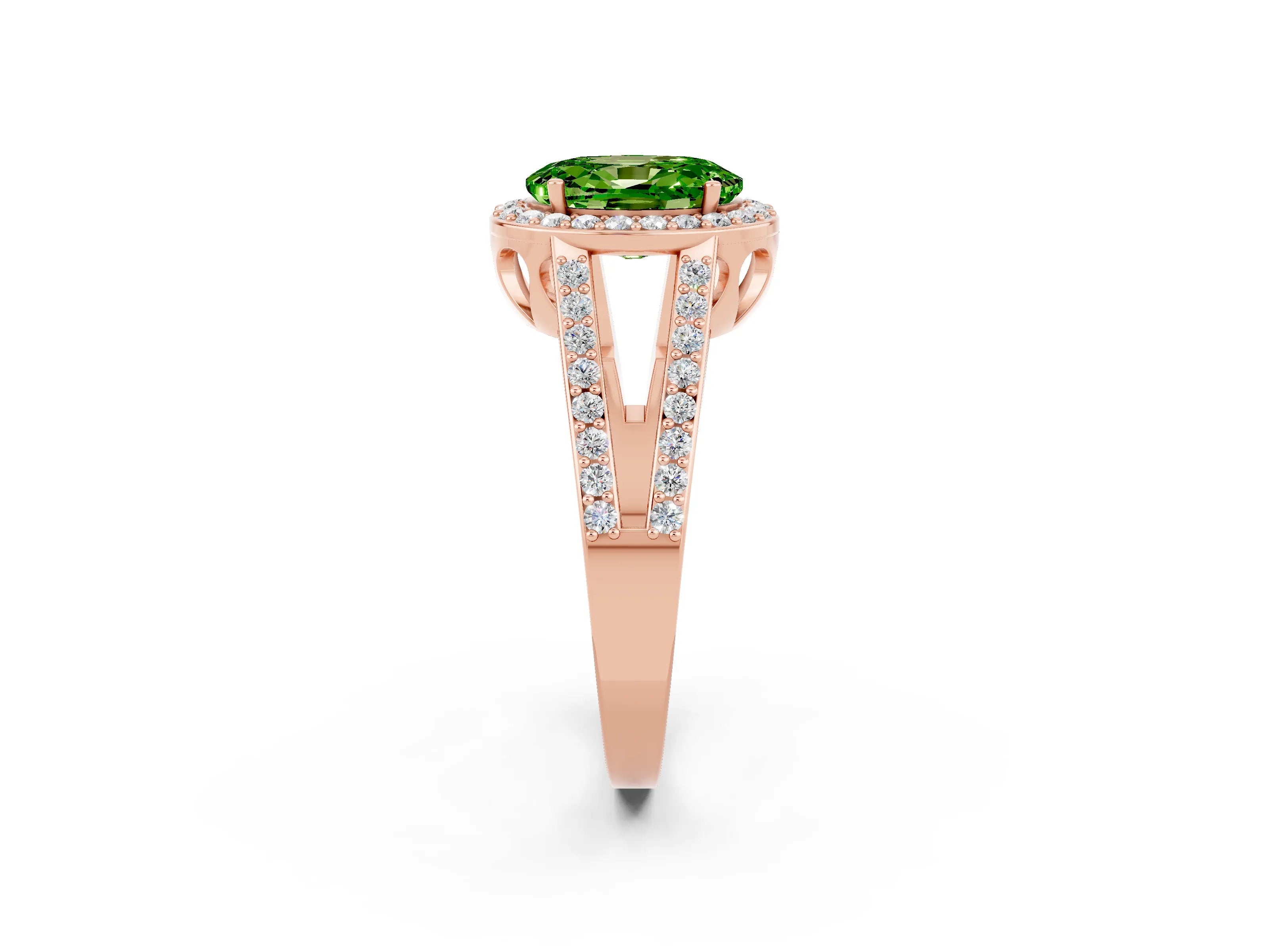 Rose gold Oval Cut Peridot Halo Ring with Split Shank U-Prong Band and Four-Prong Setting_2