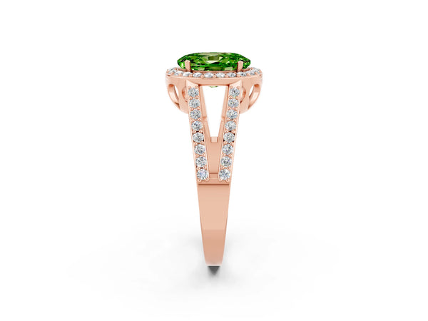 Rose gold Oval Cut Peridot Halo Ring with Split Shank U-Prong Band and Four-Prong Setting