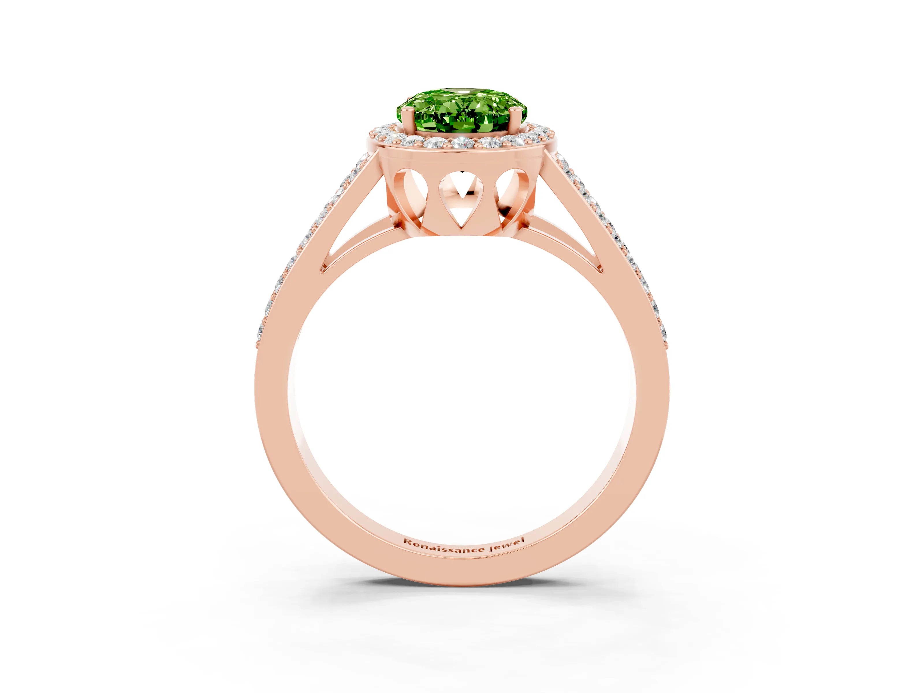 Rose gold Oval Cut Peridot Halo Ring with Split Shank U-Prong Band and Four-Prong Setting_3
