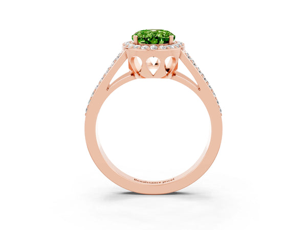 Rose gold Oval Cut Peridot Halo Ring with Split Shank U-Prong Band and Four-Prong Setting
