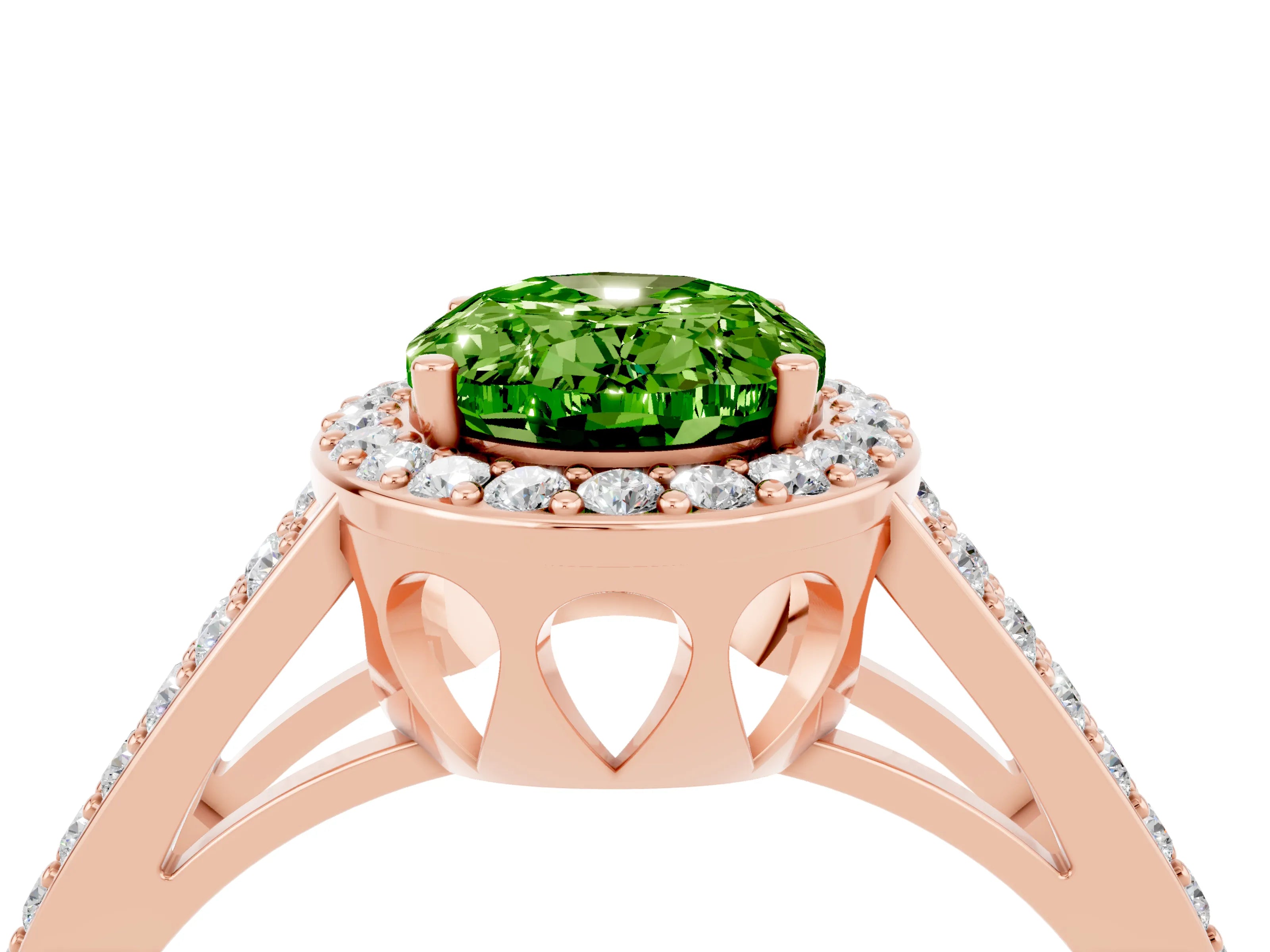 Rose gold Oval Cut Peridot Halo Ring with Split Shank U-Prong Band and Four-Prong Setting_4