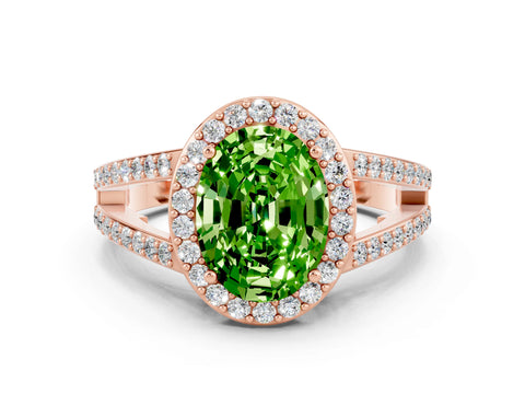 Rose gold Oval Cut Peridot Halo Ring with Split Shank U-Prong Band and Four-Prong Setting