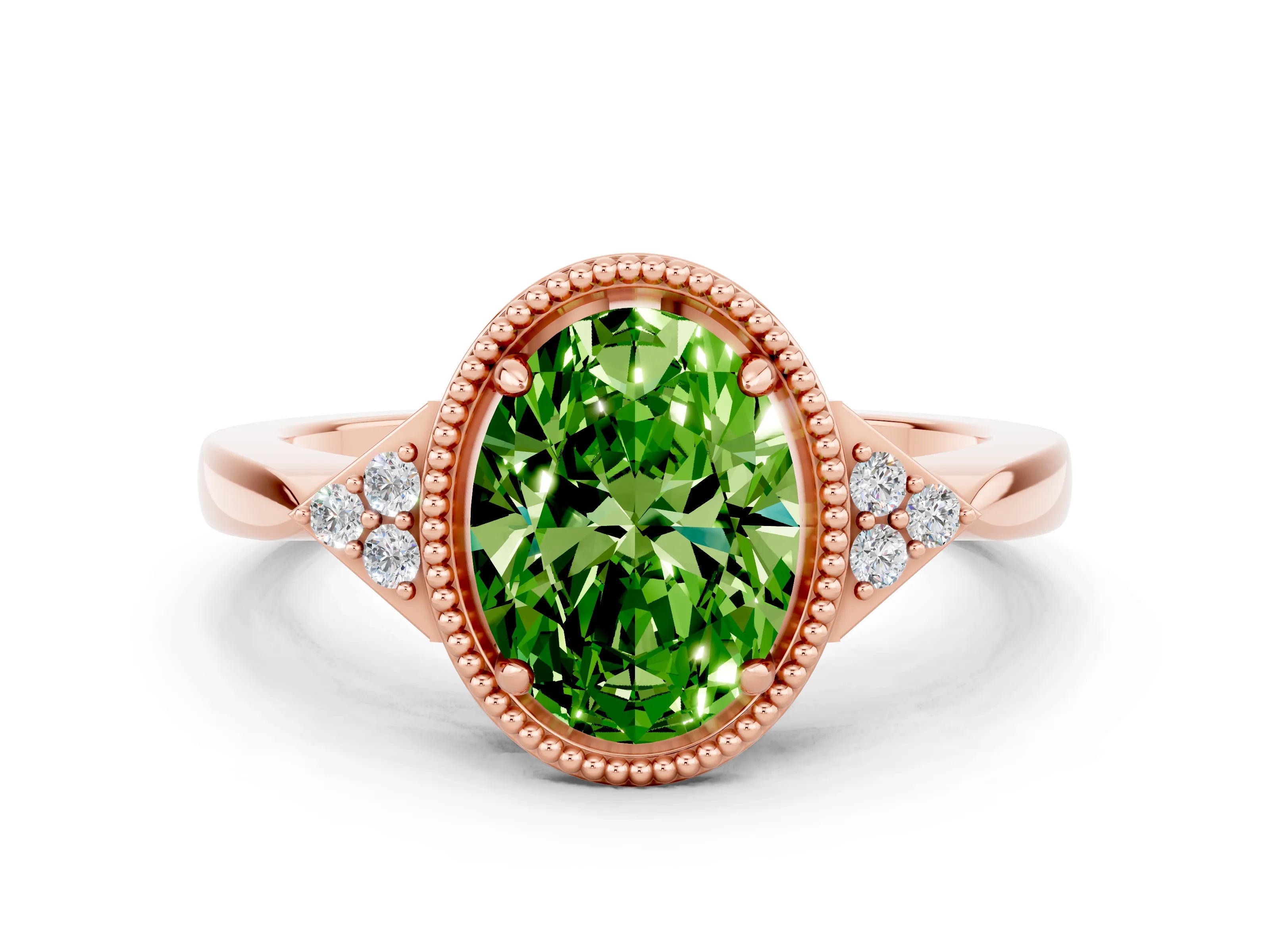 Rose gold Oval Cut Peridot Halo Ring with Tapered Band and Four-Prong Setting