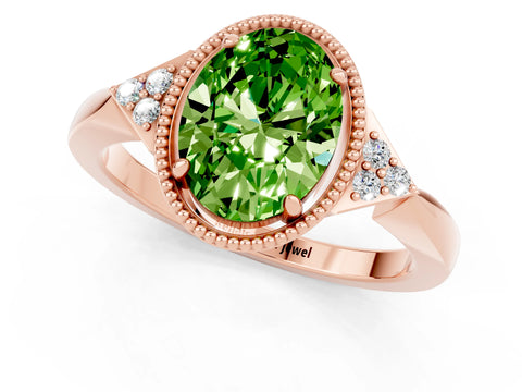 Rose gold Oval Cut Peridot Halo Ring with Tapered Band and Four-Prong Setting_1