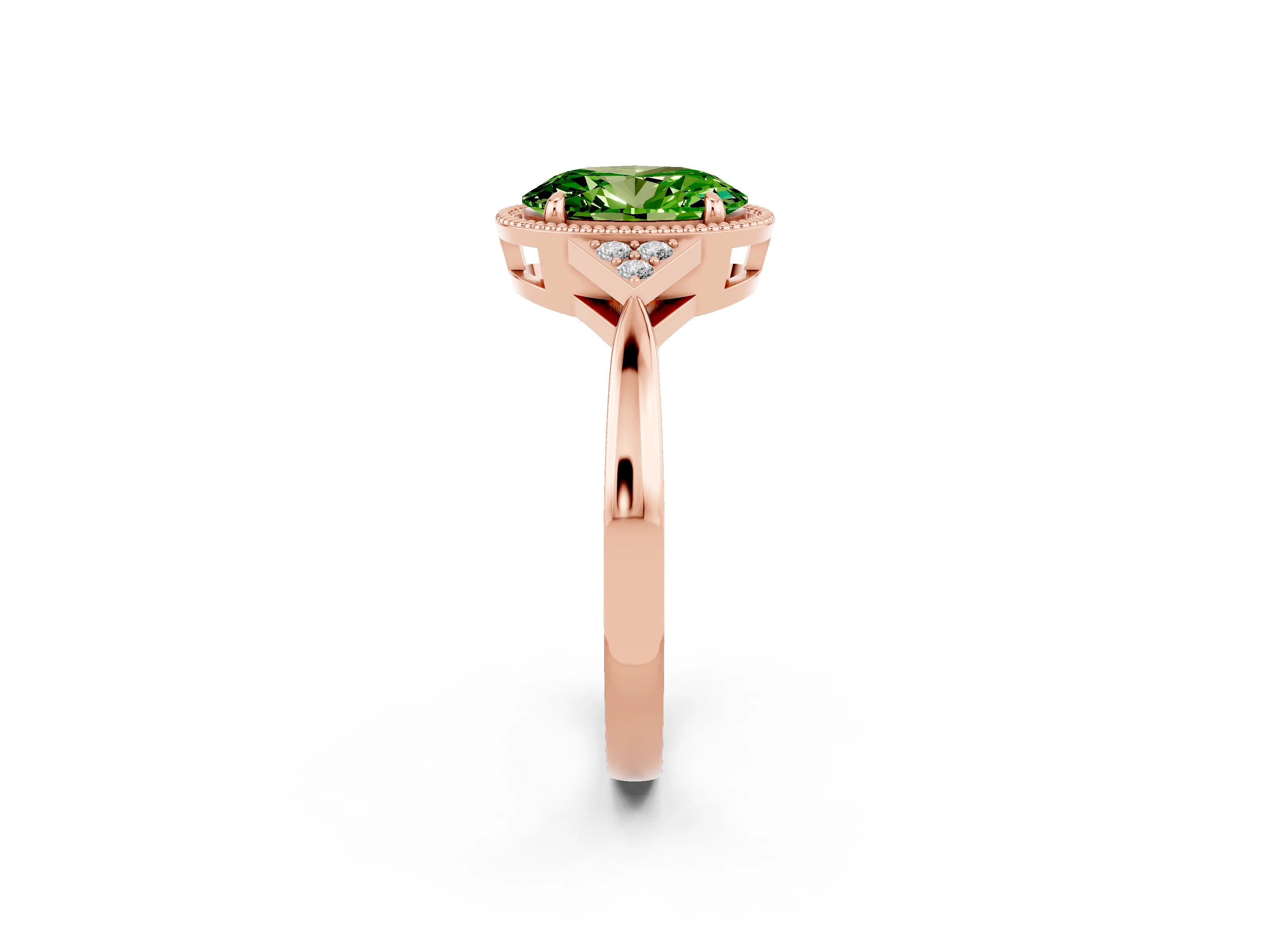 Rose gold Oval Cut Peridot Halo Ring with Tapered Band and Four-Prong Setting_2