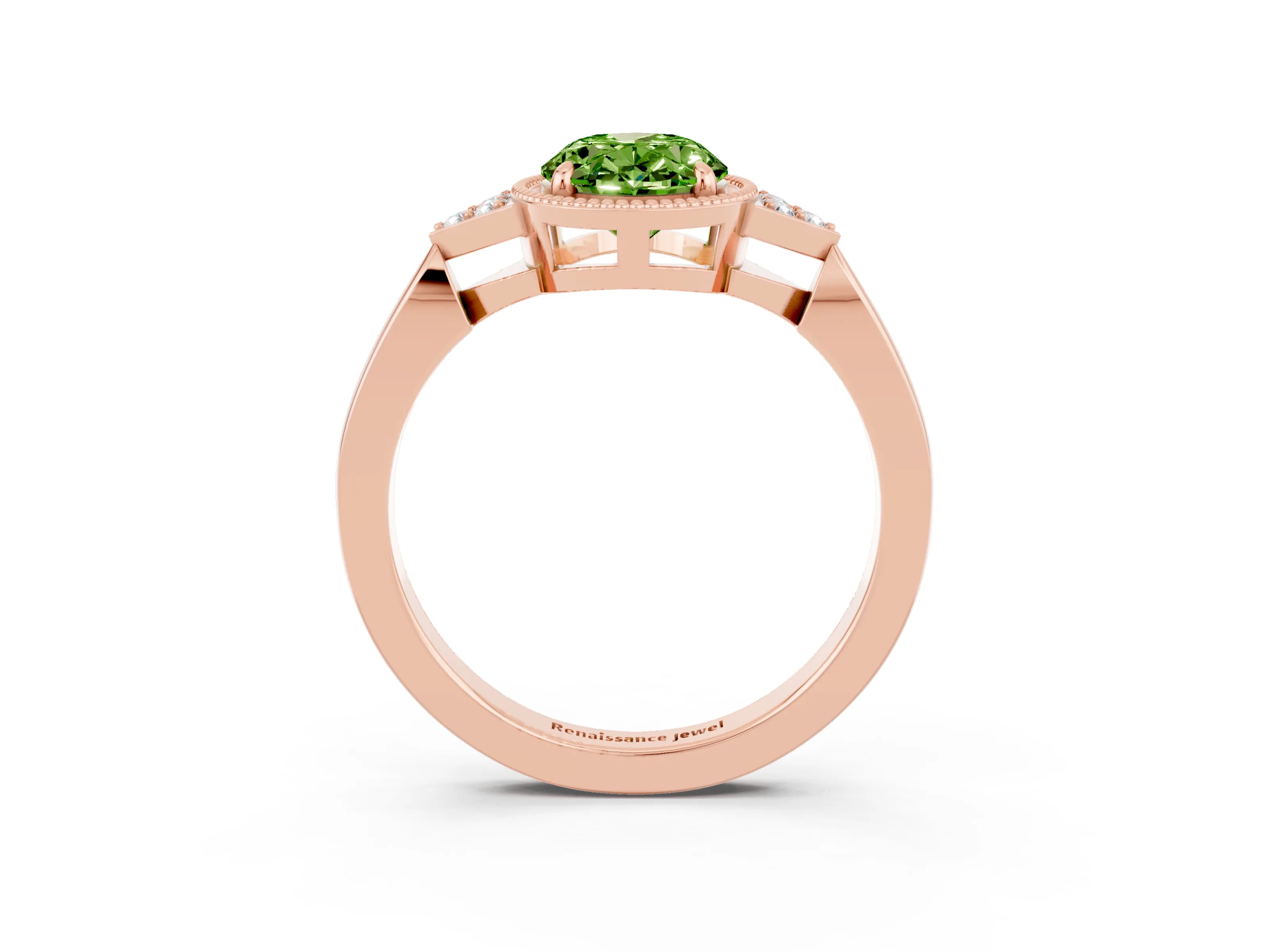 Rose gold Oval Cut Peridot Halo Ring with Tapered Band and Four-Prong Setting_3