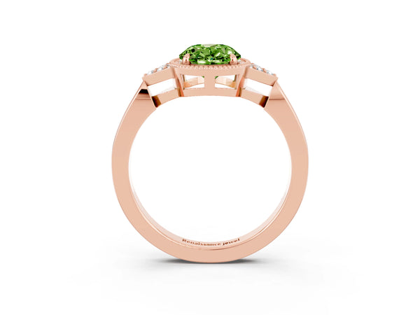 Rose gold Oval Cut Peridot Halo Ring with Tapered Band and Four-Prong Setting