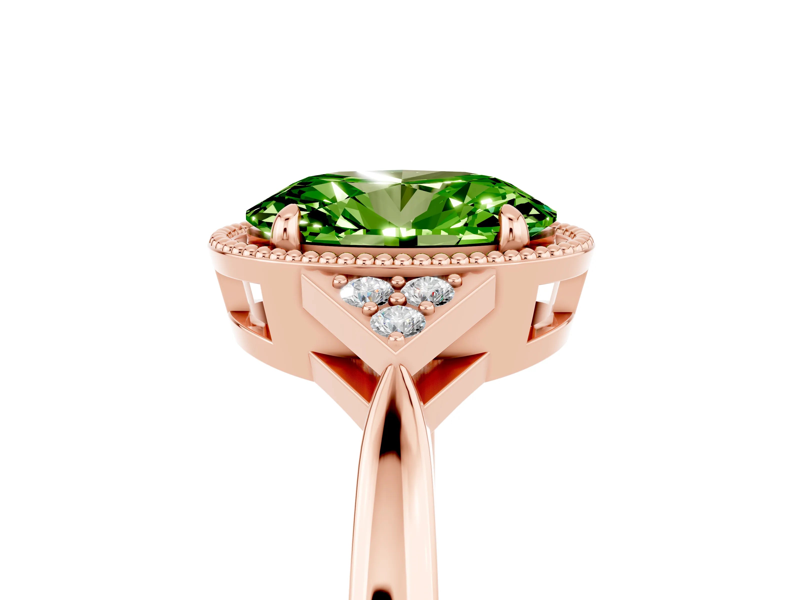 Rose gold Oval Cut Peridot Halo Ring with Tapered Band and Four-Prong Setting_5