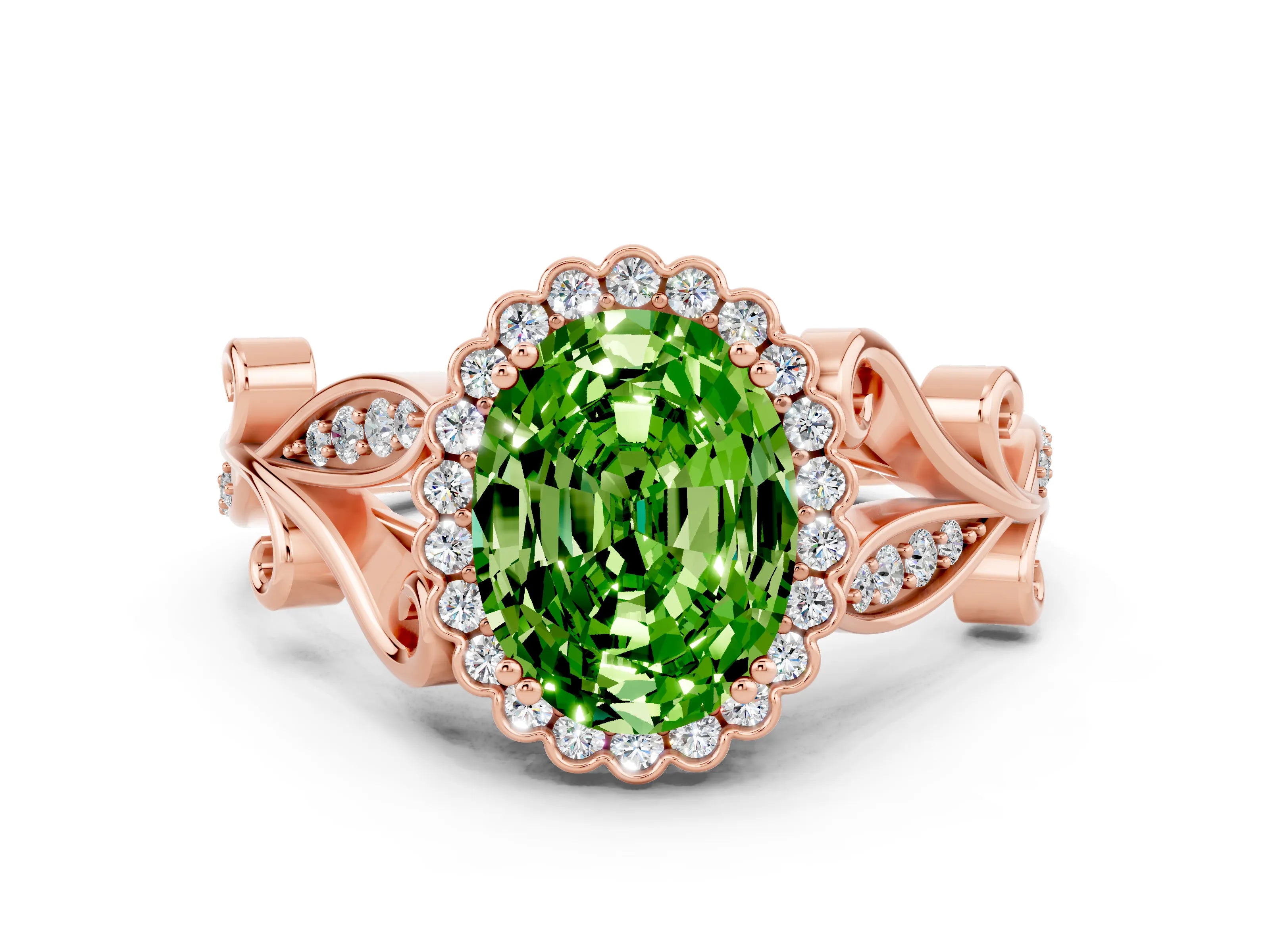 Rose gold Oval Cut Peridot Halo Ring with Vintage Split Shank and Four-Prong Setting