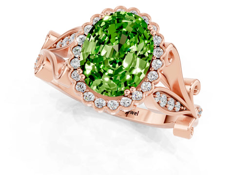 Rose gold Oval Cut Peridot Halo Ring with Vintage Split Shank and Four-Prong Setting_1