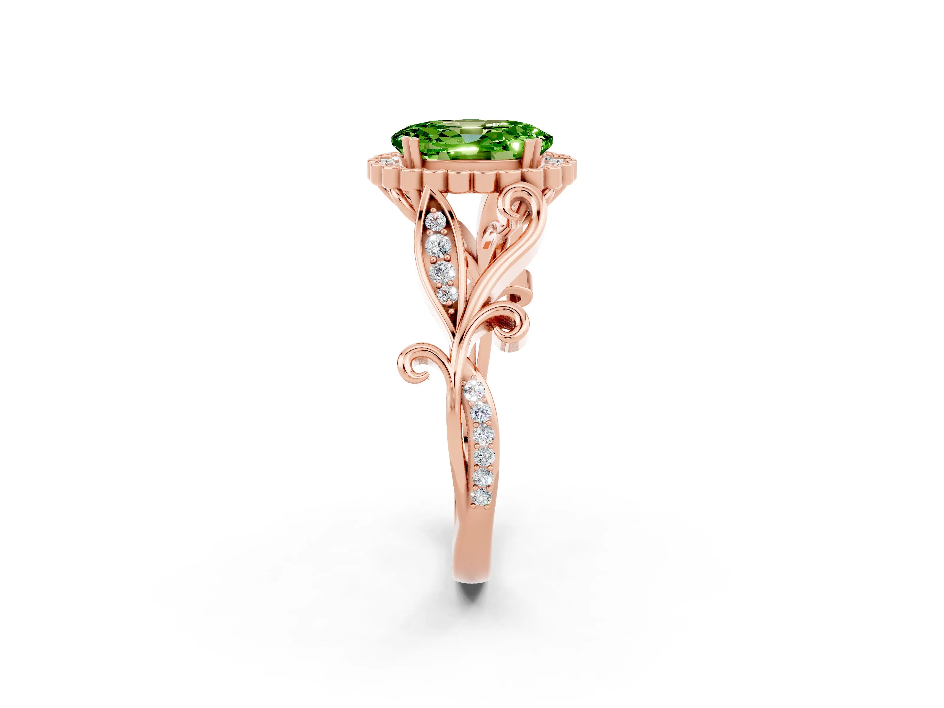 Rose gold Oval Cut Peridot Halo Ring with Vintage Split Shank and Four-Prong Setting_2