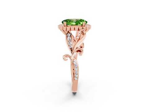 Rose gold Oval Cut Peridot Halo Ring with Vintage Split Shank and Four-Prong Setting_2