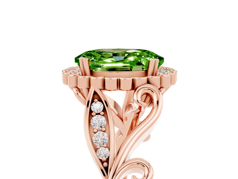 Rose gold Oval Cut Peridot Halo Ring with Vintage Split Shank and Four-Prong Setting_5