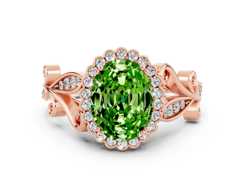 Rose gold Oval Cut Peridot Halo Ring with Vintage Split Shank and Four-Prong Setting