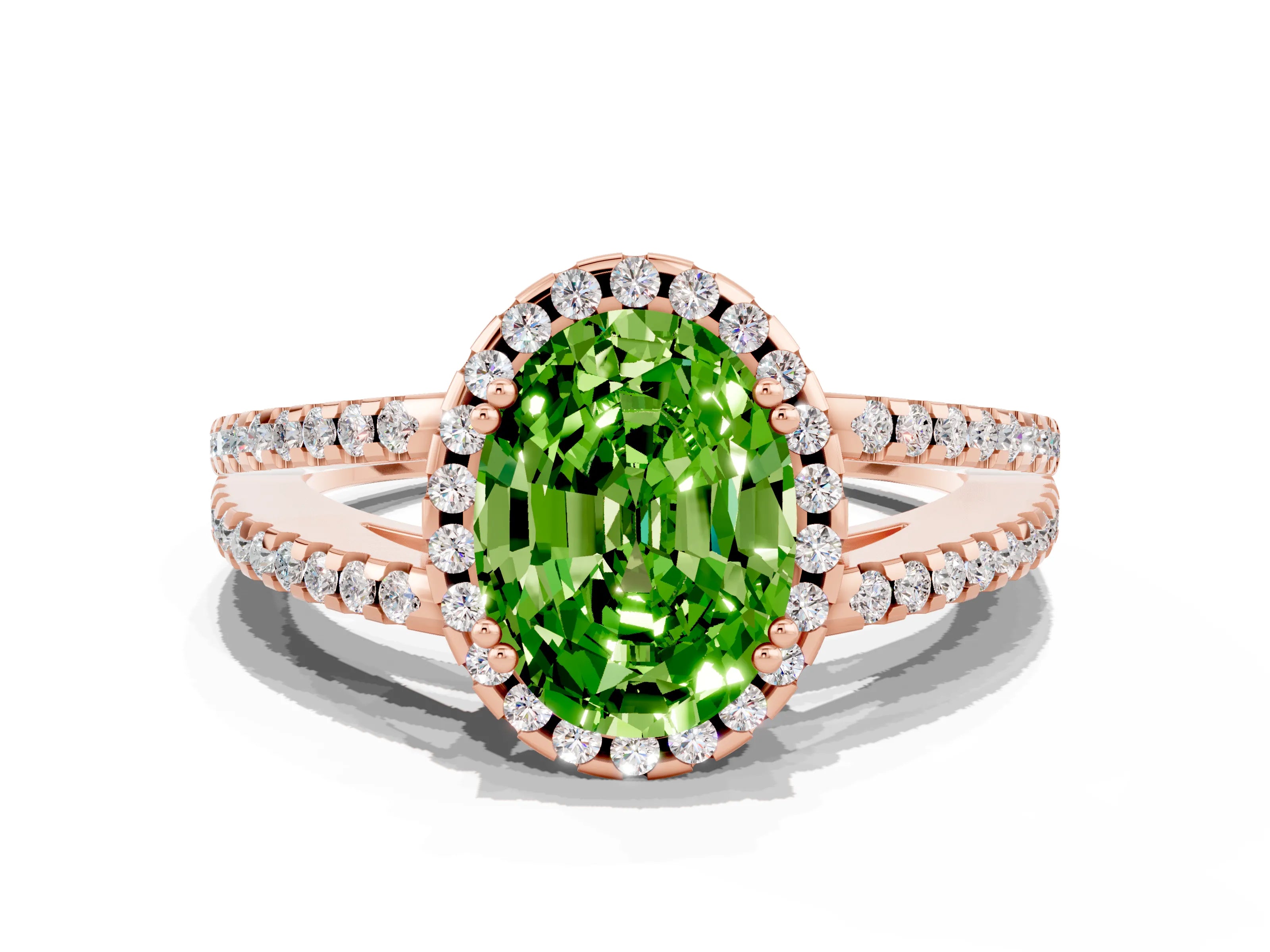 Rose gold Oval Cut Peridot Halo Split Shank Engagement Ring_12