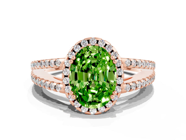 Rose gold Oval Cut Peridot Halo Split Shank Engagement Ring