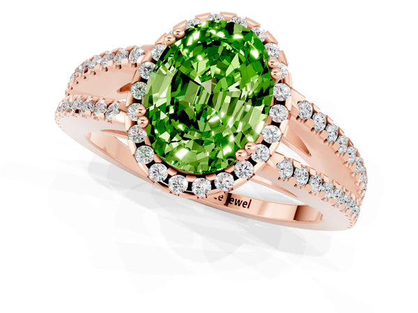 Rose gold Oval Cut Peridot Halo Split Shank Engagement Ring