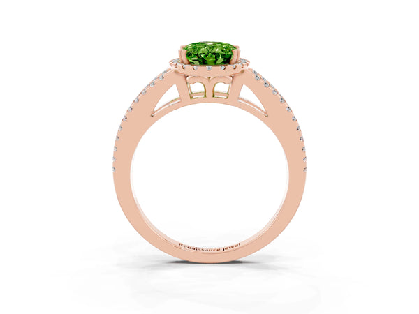 Rose gold Oval Cut Peridot Halo Split Shank Engagement Ring