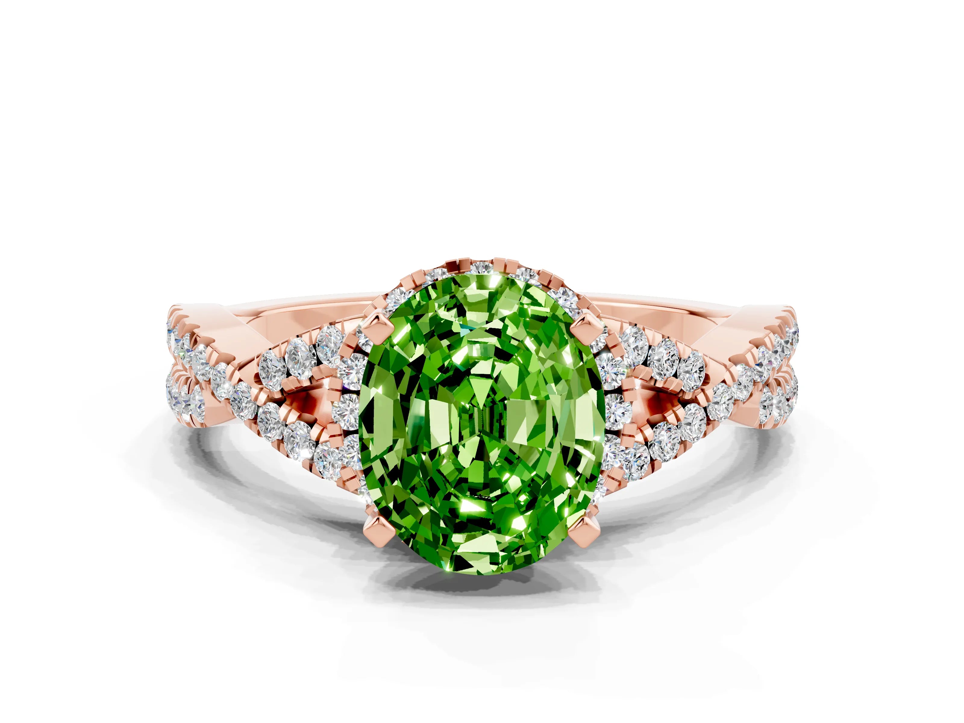 Rose gold Oval Cut Peridot Halo Twist Band Solitaire Prong Setting Ring