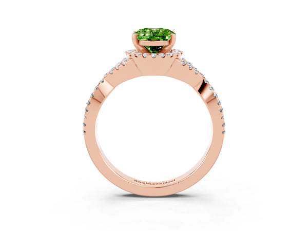 Rose gold Oval Cut Peridot  Halo Twist Band Solitaire Prong Setting Ring