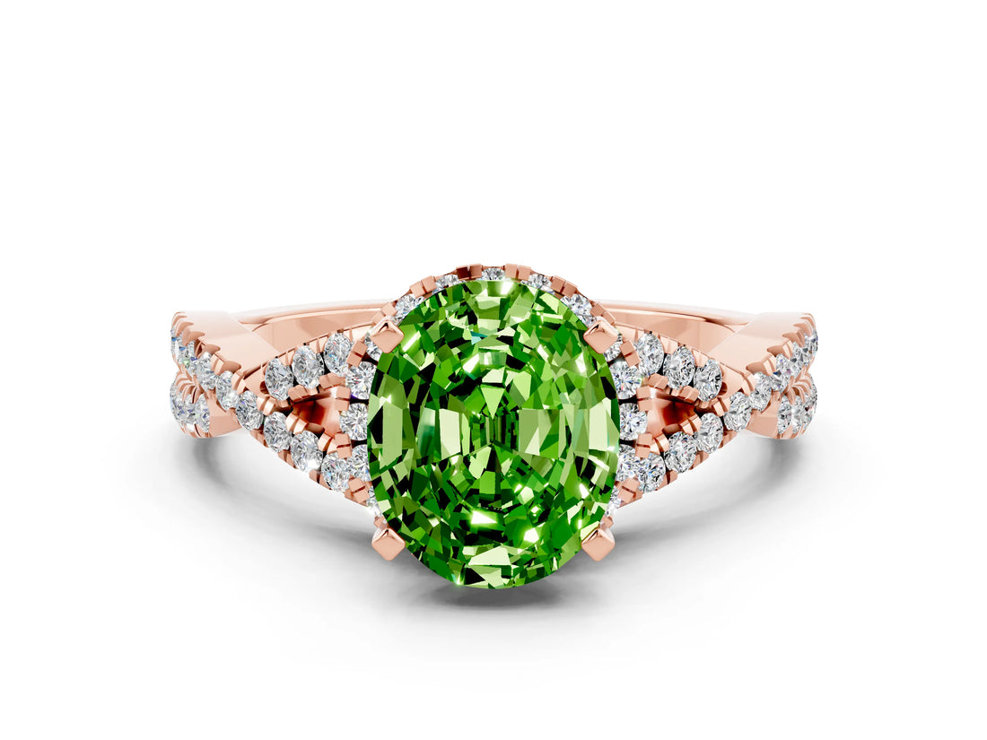 Rose gold Oval Cut Peridot  Halo Twist Band Solitaire Prong Setting Ring_36