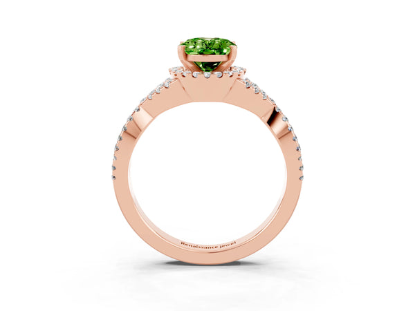Rose gold Oval Cut Peridot  Halo Twist Band Solitaire Prong Setting Ring
