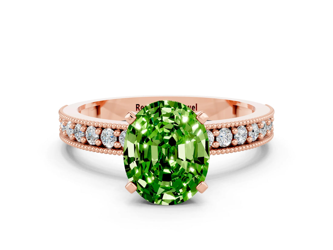 Rose gold Oval Cut Peridot Milgrain Pavé Engagement Ring with Four-Prong Setting_12
