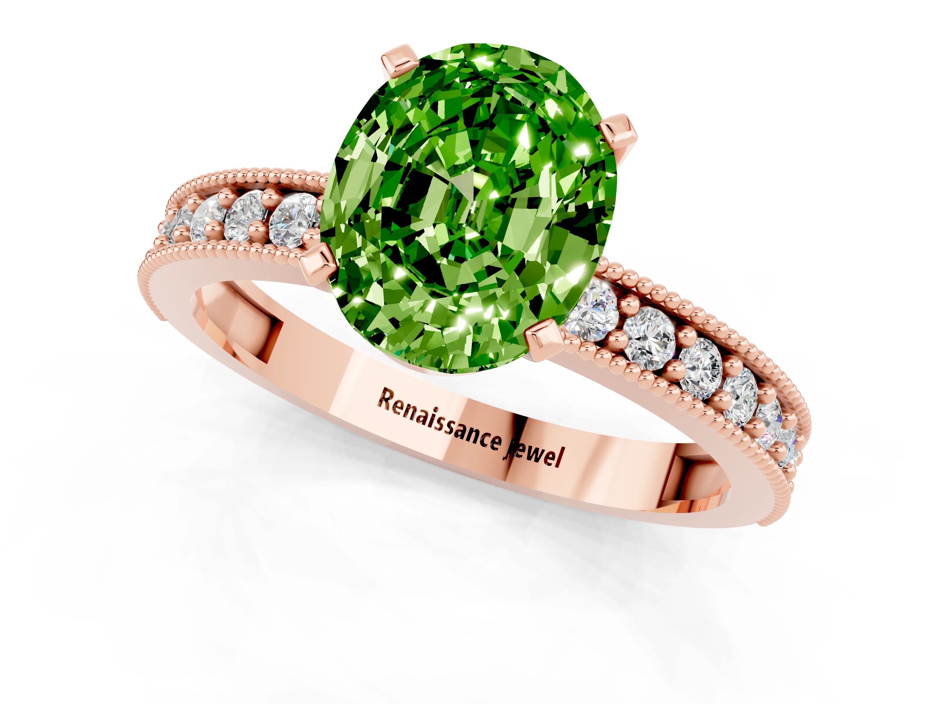 Rose gold Oval Cut Peridot Milgrain Pavé Engagement Ring with Four-Prong Setting_13