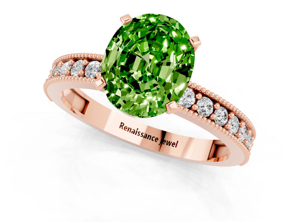 Rose gold Oval Cut Peridot Milgrain Pavé Engagement Ring with Four-Prong Setting