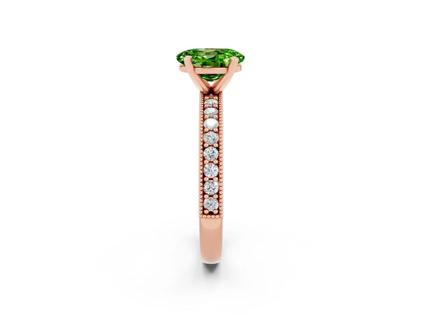 Rose gold Oval Cut Peridot Milgrain Pavé Engagement Ring with Four-Prong Setting