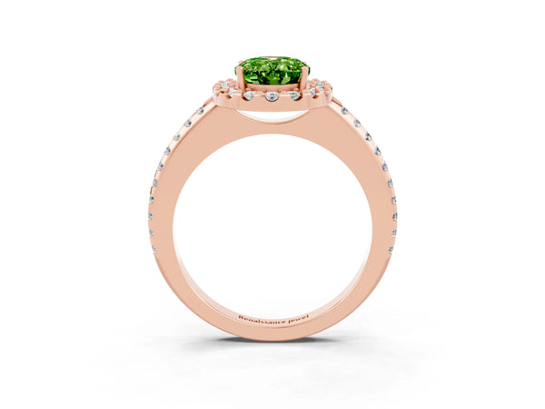 Rose gold Oval Cut Peridot Pavé Halo Ring with Four-Prong Setting