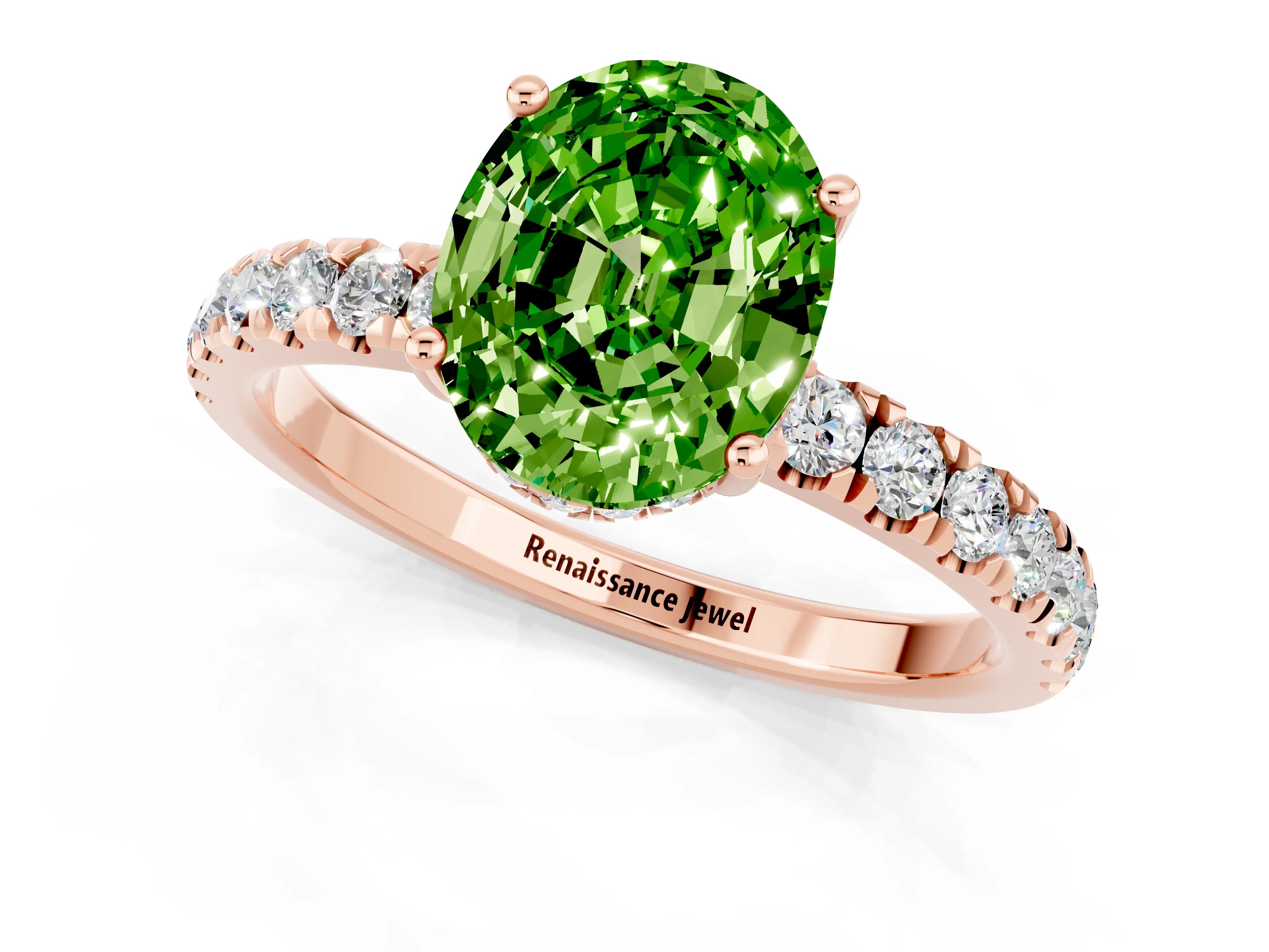 Rose gold Oval Cut Peridot Pave Band Solitaire Ring with Four-Prong Setting_25