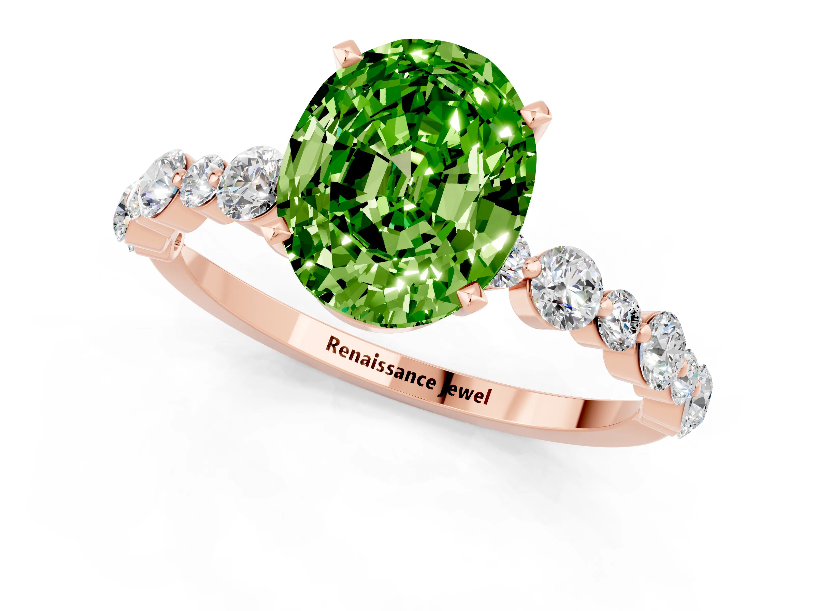 Rose gold Oval Cut Peridot Prong Set Engagement Ring with Pavé Band_1